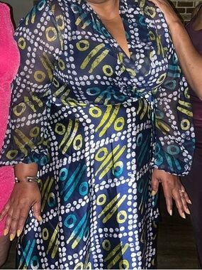 Navy Blue Printed Maxi Wrap 2 piece outfit with Yellow & Teal Accents